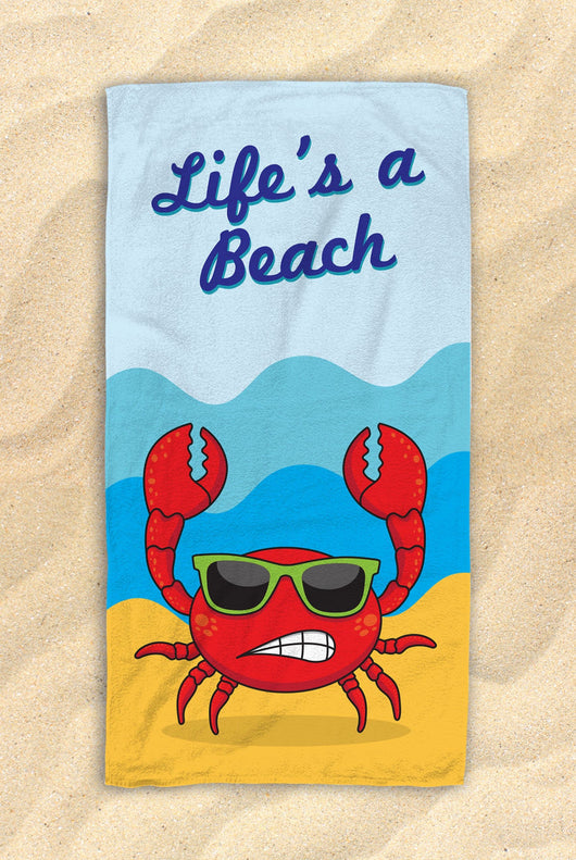 Life's A Beach - Cute Crab Beach Towel  - Hit The Beach In Style [Gift Idea / Fun Present] Crab Gifts 30”x60”