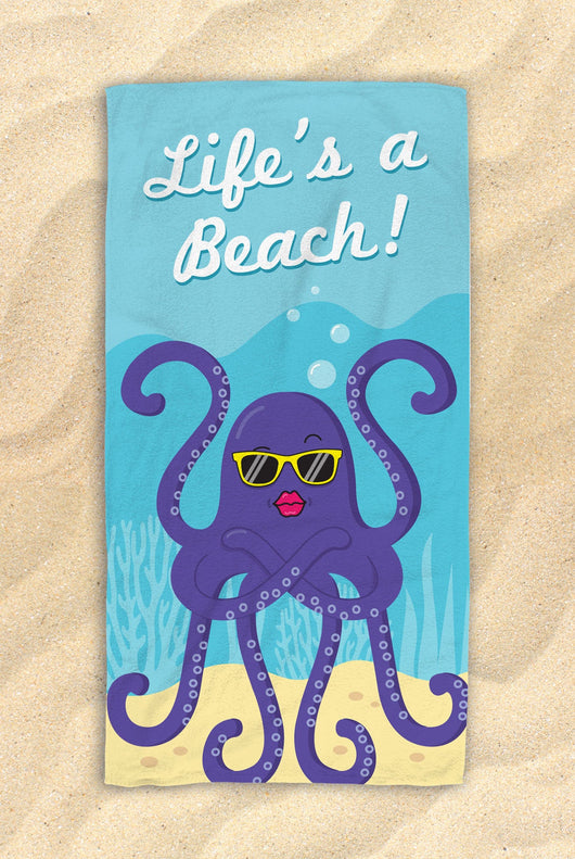 Life's A Beach -  Cute Octopus Beach Towel  - Hit The Beach In Style [Gift Idea / Fun Present] Octopus Gifts 30”x60”