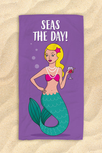 Seas The Day Purple Beach Towel -  Beautiful Mermaid Beach Towel - Hit The Beach In Style [Gift Idea / Fun Present] Mermaid Gifts 30”x60”