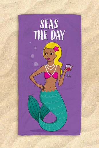 Seas The Day Purple & Green Beach Towel -  Beautiful Mermaid Beach Towel - Hit The Beach In Style [Gift Idea / Fun Present]  30”x60”