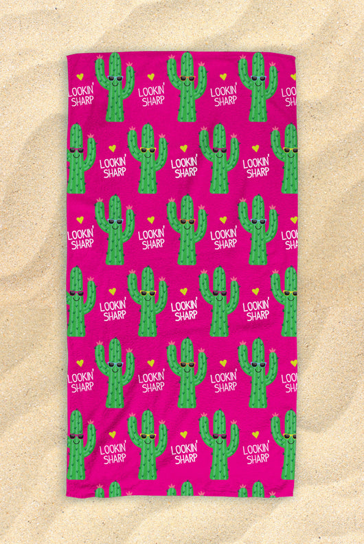 Free Worldwide Shipping - Pink & Green Lookin Sharp Cactus Pattern Beach Towel - Cute Cactus Towel  -Cactus Gifts 30”x60”