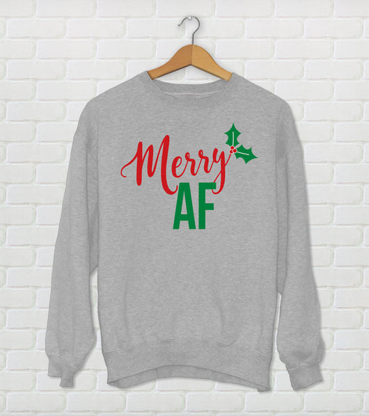 Merry AF Christmas Ugly Sweater Crewneck - Holiday Sweater Gray