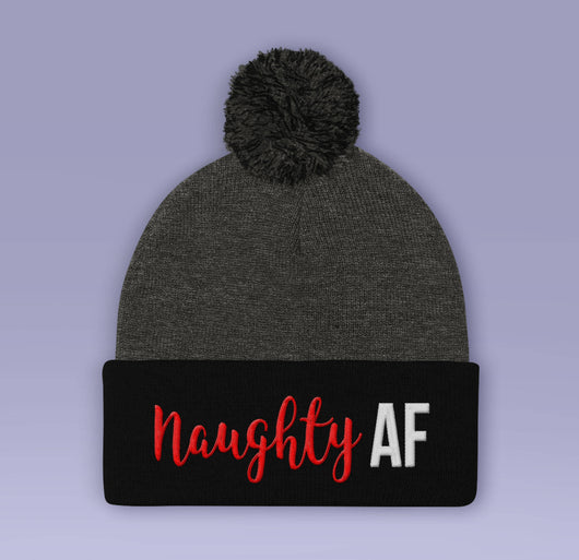 Naughty AF Holiday Beanie - Gray / Black / Red- Winter Pom Beanie Hat - Naughty As F*CK