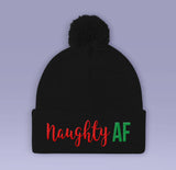 Naughty AF Holiday Beanie - Gray / Black / Red- Winter Pom Beanie Hat - Naughty As F*CK