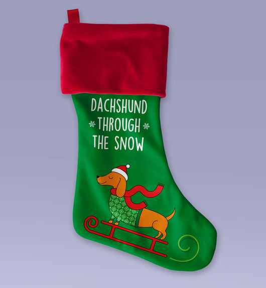Daschund Through The Snow - Dog Christmas Stocking - Makes a Great Christmas Present - Sublimated Christmas Stocking 12x9 Inch