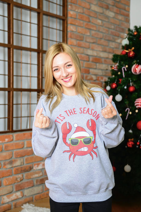 Tis The Season Red & Gray Crab Sweater - Ugly Christmas Sweater Crewneck - Holiday Sweater