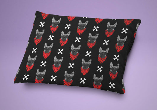 Dog Bed - Bad To The Bone Dog Pillow - Cute Cushion For Your Favorite Pup Red & Black Pattern Print - French Bulldog