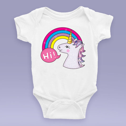 Hi Rainbow Unicorn White & Pink Baby Onesie / Bodysuit - Unicorn Baby Gift