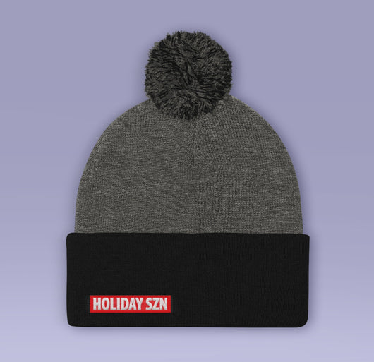 Holiday SZN - Holiday Season - Holiday Beanie - Black / Gray  Winter Pom Beanie Hat - Christmas SZN