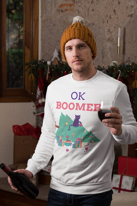 OK Boomer - Cat & Christmas Tree Holiday Sweater - Christmas Sweater Crewneck - Holiday Sweater White