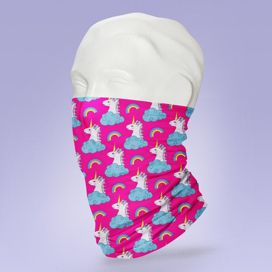 Washable & Reusable Pink Unicorn and Rainbow  - Gaiter Face Shield - Face Mask - Face Buff - Snood - Face Gator