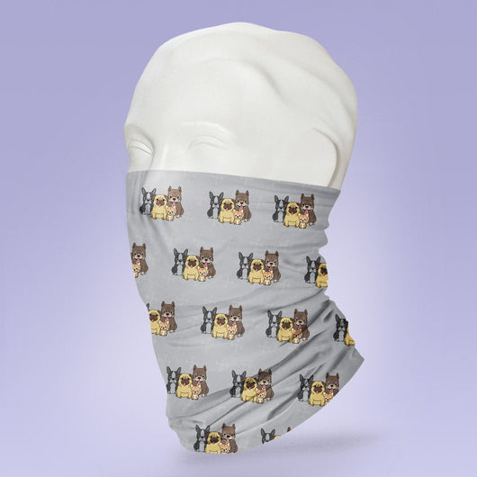 Washable & Reusable Gray Dog Face - Pug, Boxer, Pit Bull -  Gaiter Face Shield - Face Mask
