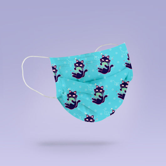 REUSABLE Space Cat Mask- Soft, Cloth, Cat Design, Washable, Re-Usable, Blue Face Mask - Adult Mouth Cover - Cat Face Mask