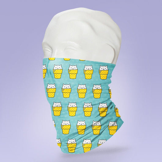 Washable & Reusable Melting Cat Ice Cream Cone Print  - Gaiter Face Shield - Face Mask
