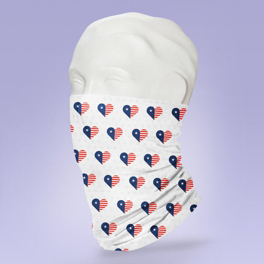 Washable & Reusable Heart American Red White and Blue Flag-  Gaiter Face Shield - Face Mask
