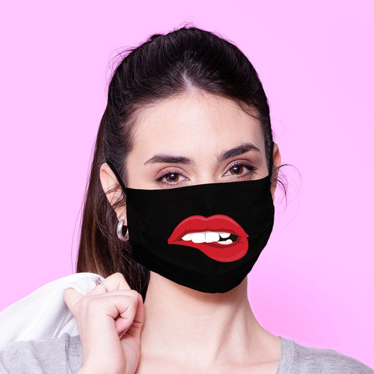 Washable & Reusable Black Color Lip Bite Kawaii Face Mouth Mask - Kawaii Face Mask -  Mask Cover - Funny Masks - Funny Face Mask